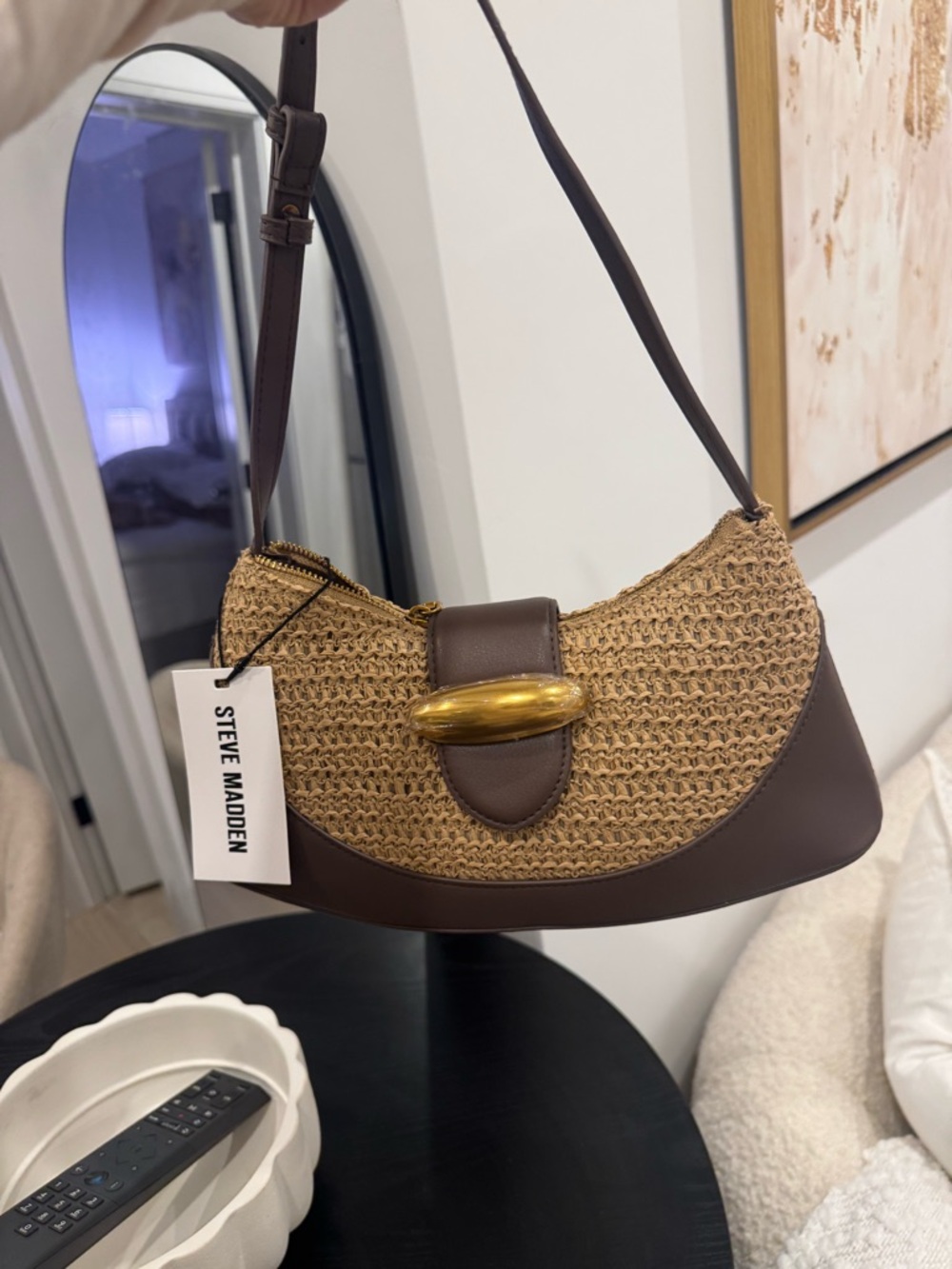 Steve Madden Tan Woven Shoulder Bag with Brown Trim and Gold Accent
